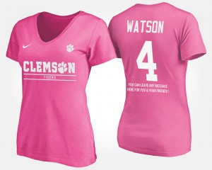 Clemson Tigers #4 Women's Deshaun Watson T-Shirt Pink University With Message 806188-587